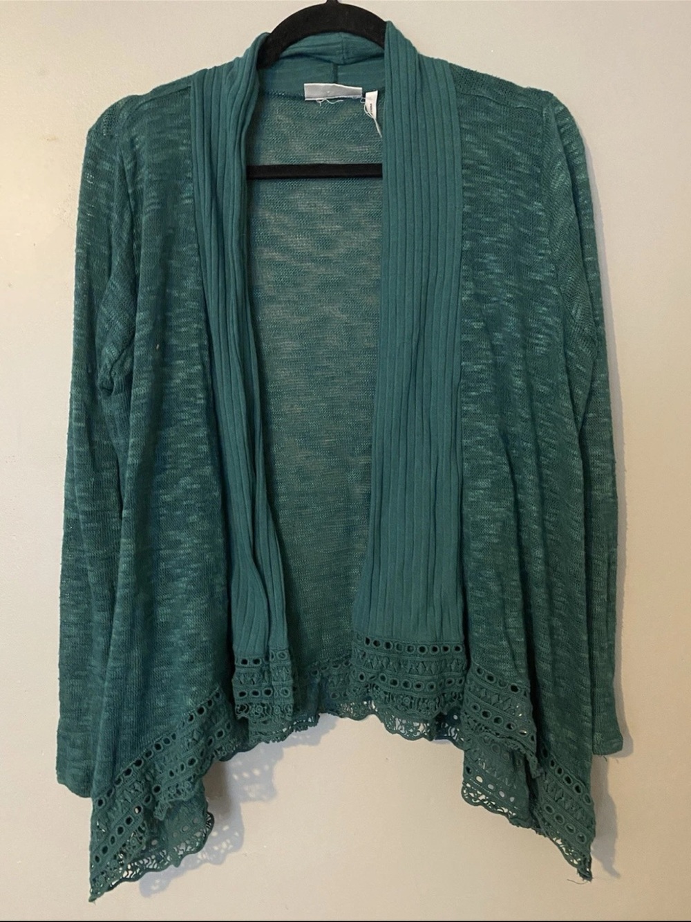 Green crochet hem open front cardigan